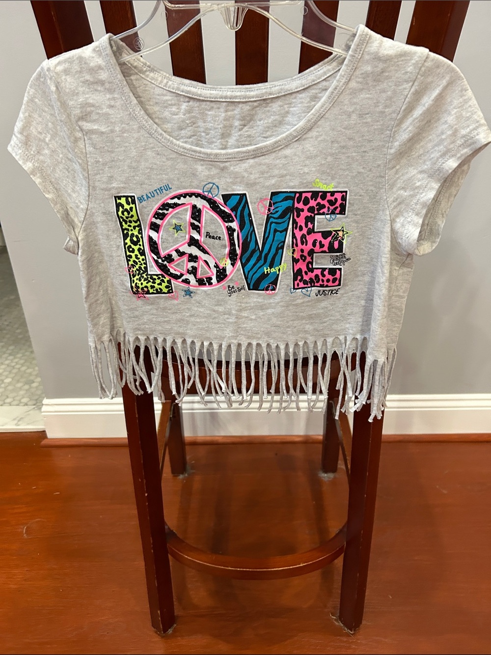Justice Heather Gray Fringe Crop Tee with Neon LOVE Graphic